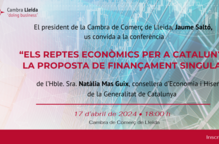 La Cambra Lleida presenta la conferència 'Els reptes econòmics per a Catalunya i la proposta de finançament singular'