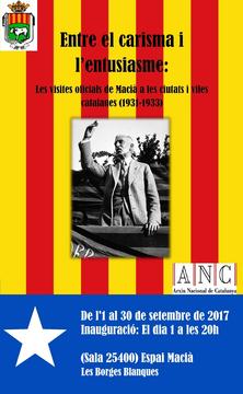 Cartell de l'exposició de l'Arxiu Nacional de Catalunya:  “Entre el carisma i l’entusiasme. Les visites oficials del president Macià a les viles i ciutats de Catalunya (1931-1933)”.