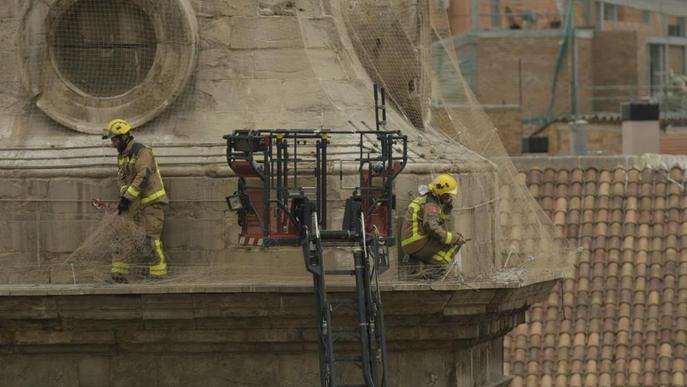 Els bombers tallen la xarxa anticigonyes de la Catedral per alliberar-ne quatre