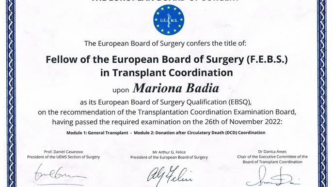 Mariona Badia, distingida amb un títol europeu com a coordinadora de trasplantaments