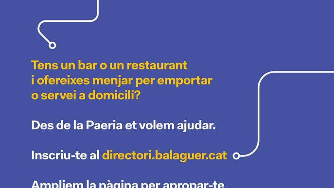La Paeria de Balaguer publicitarà els bars i restaurants de la ciutat que ofereixin menjars per emportar o servei a domicili.