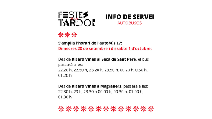 S'amplia l'horari de l'autobús L7 per les Festes de la Tardor de Lleida