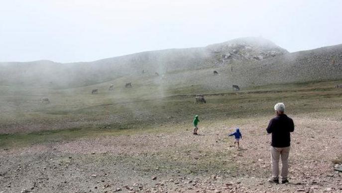 Pla obert on es veuen diverses persones a l'entorn del refugi del Niu de l'Àliga de La Molina, a 2.537 metres d'altitud