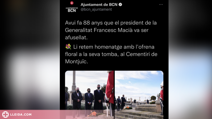 L'Ajuntament de Barcelona retira una piulada on afirmava que Macià havia estat afusellat