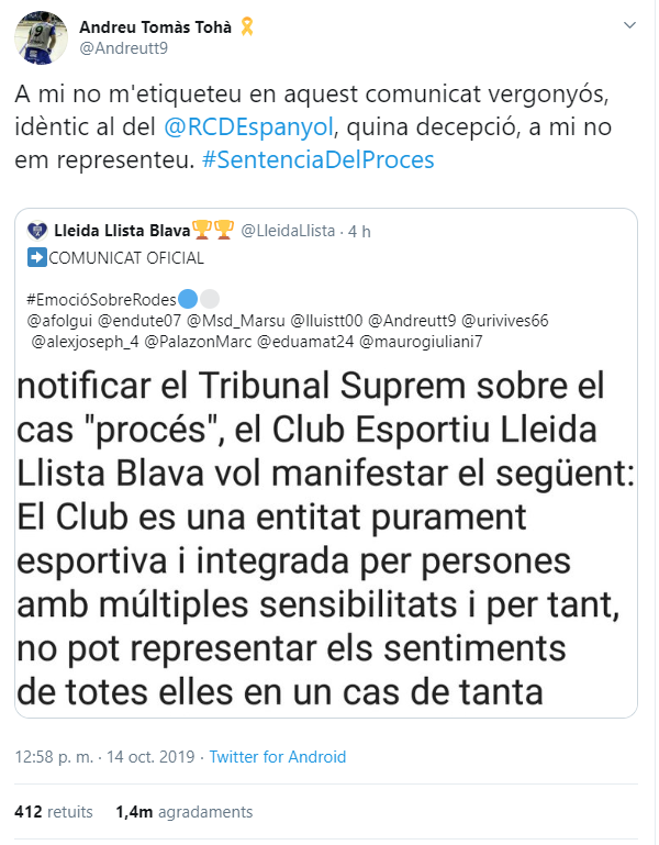 #SentènciaProcés: Tècnic i jugadors del Lleida Llista Blava rebutgen la reacció del club a la sentència