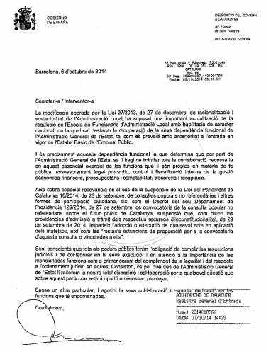 El Govern central avisa secretaris municipals perquè no col·laborin amb la consulta del 9-N