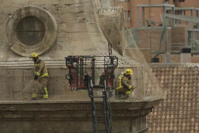 Els bombers tallen la xarxa anticigonyes de la Catedral per alliberar-ne quatre