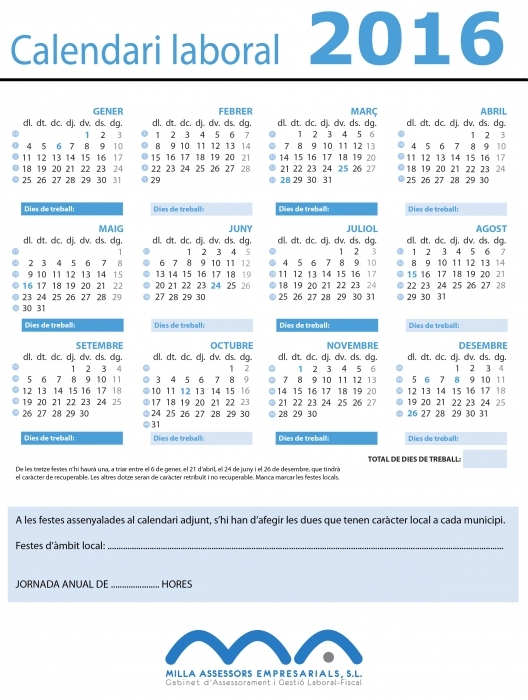 Un calendari laboral del 2017 amb la majoria de festius en dilluns i divendres