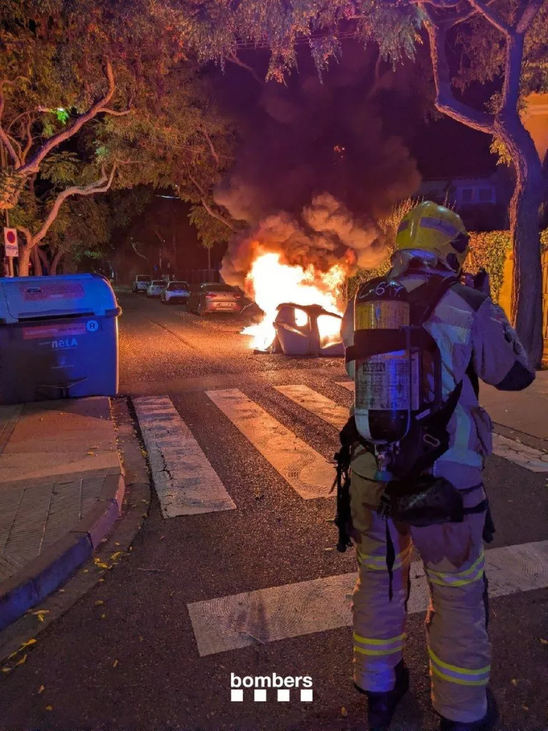 Cremen tres contenidors al carrer Enric Granados de Lleida i el foc afecta un vehicle i un arbre