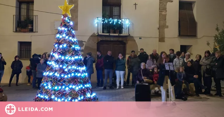 Un arbre de Nadal de ganxet il·lumina Vilanova de Segrià
