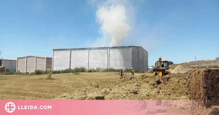 Nou dotacions de Bombers treballen en un foc en un magatzem de bales de palla a Alcarràs