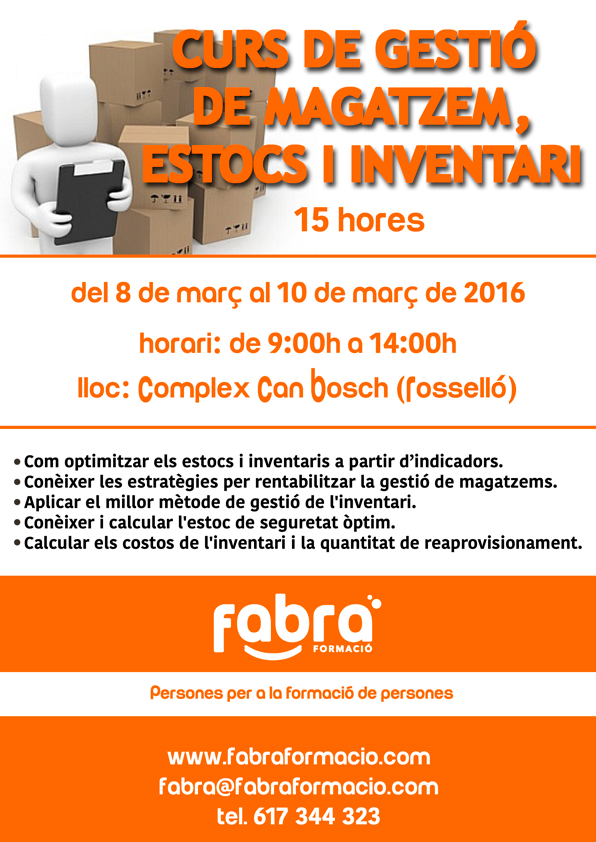 Curs de gestió de magatzem, estocs i inventari, amb una durada de 15 hores.