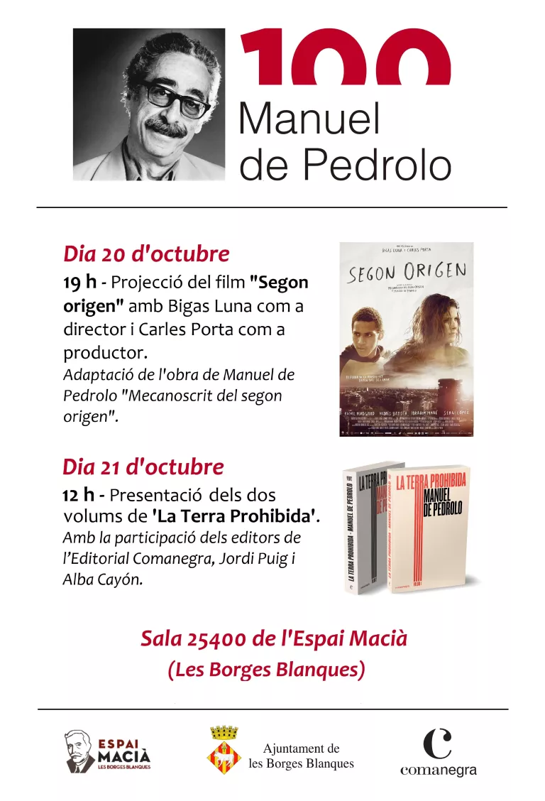 Cartell de l'Any Pedrolo a l'Espai Macià de les Borges Blanques.