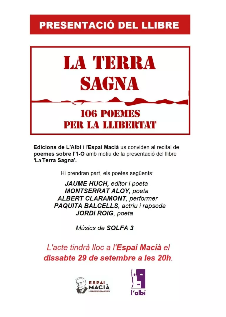 Cartell de la presentació del llibre  'La Terra Sagna. 106 Poemes per la Llibertat'