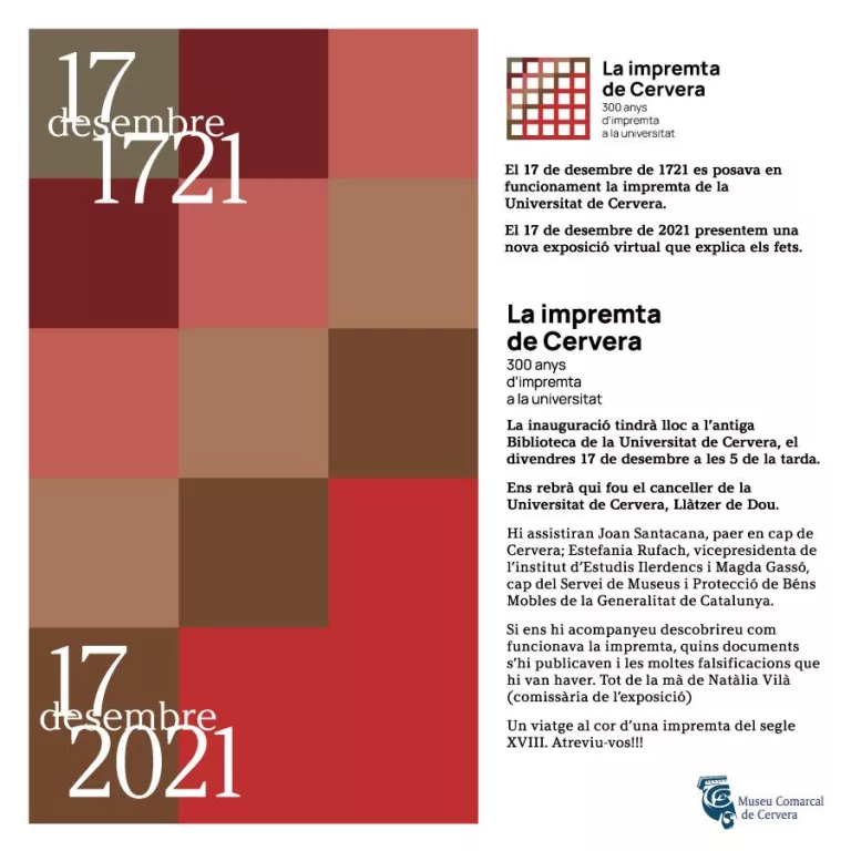 El Museu de Cervera commemora aquests 300 anys d'Impremta